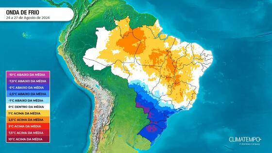 Mapa de onda de frio da semana que vai de 24 de agosto a 27 de agosto